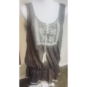 Mine Too Y2K Babydoll Top Boho embroidered sleeveless tassel tie lace Brown 2XL